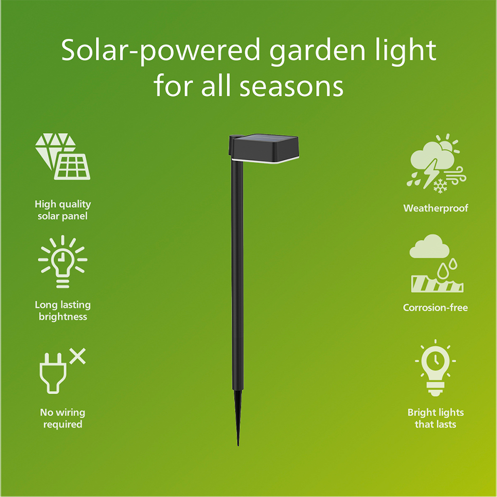 Lampa solara patrata Philips Vynce, 1.5W, 200lm, IP44, plastic, negru