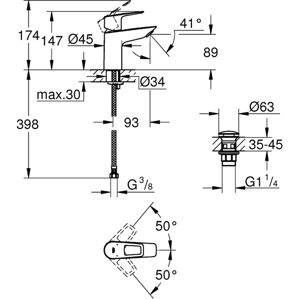 Baterie lavoar GROHE Bauloop 23878001, marimea S, alama, argintiu
