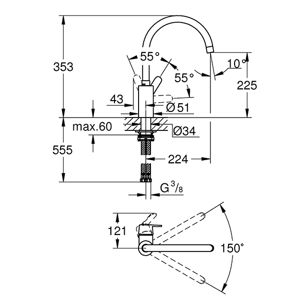 Baterie bucatarie GROHE Get 31494001, metal, crom