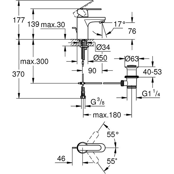 Baterie lavoar GROHE Get 32883000, marimea S, metal, argintiu