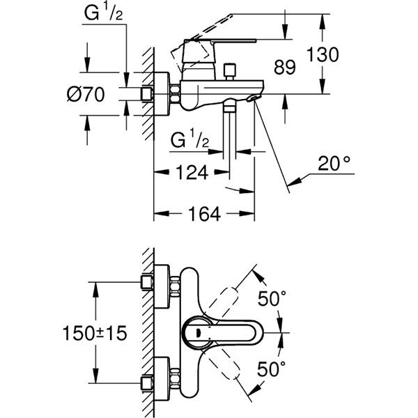 Baterie cada-dus GROHE Get 32887000, alama, argintiu