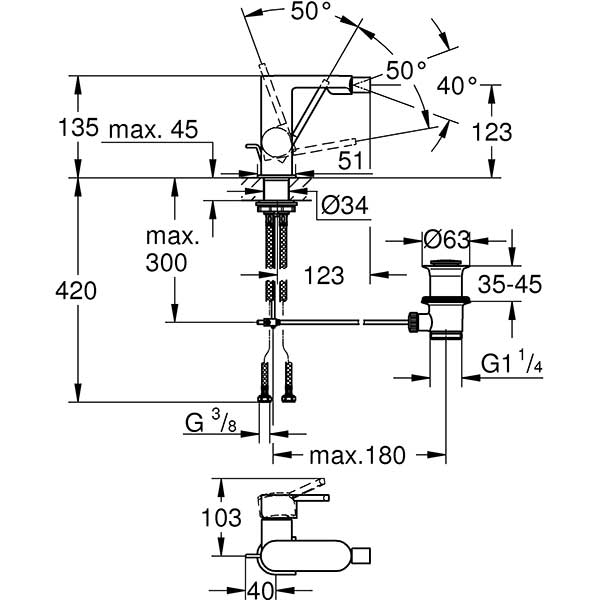 Baterie bideu GROHE Plus 33241003, metal, crom