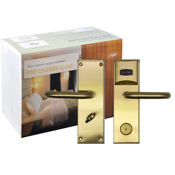 Yala control acces hotelier PNI CH2000R, cu cititor de card, deschidere dreapta, auriu