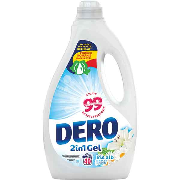Detergent lichid DERO 2in1, Iris alb si flori de romanita, 2 l, 40 spalari l