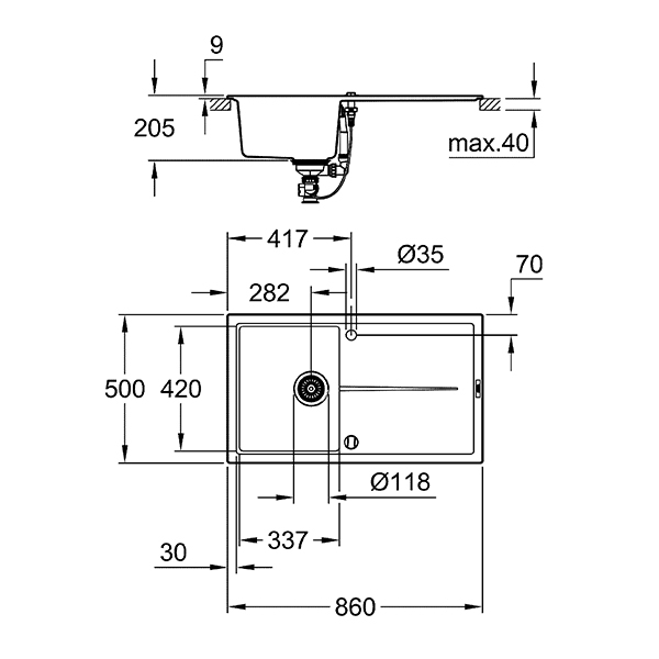 Chiuveta bucatarie GROHE K400 31640AP0, 1 cuva, picurator reversibil, compozit quartz, negru