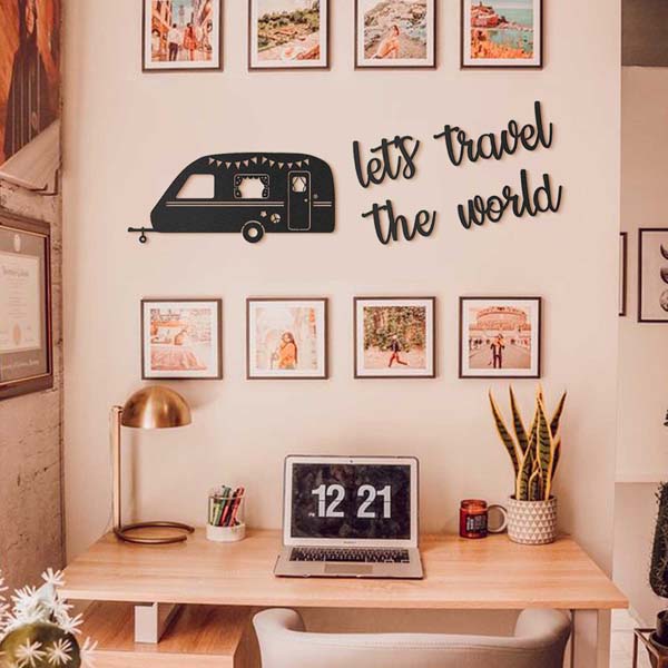 Decoratiune perete Let's Travel The World, 20 x 8 cm, metal, negru