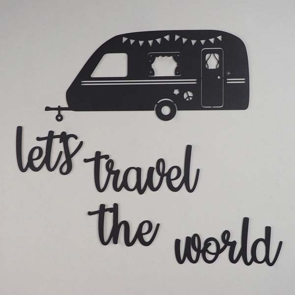 Decoratiune perete Let's Travel The World, 20 x 8 cm, metal, negru