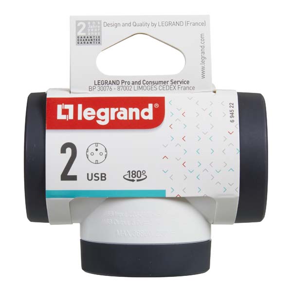 Adaptor priza LEGRAND L694522, 2 prize, 2 x USB, alb-gri inchis