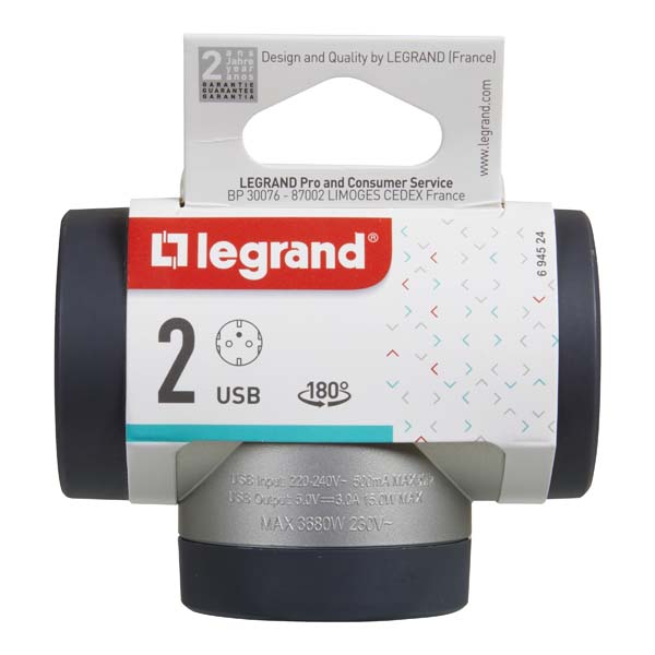 Adaptor priza LEGRAND L694524, 2 prize, 2 x USB, gri inchis