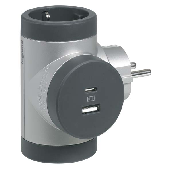 Adaptor priza LEGRAND L694524, 2 prize, 2 x USB, gri inchis