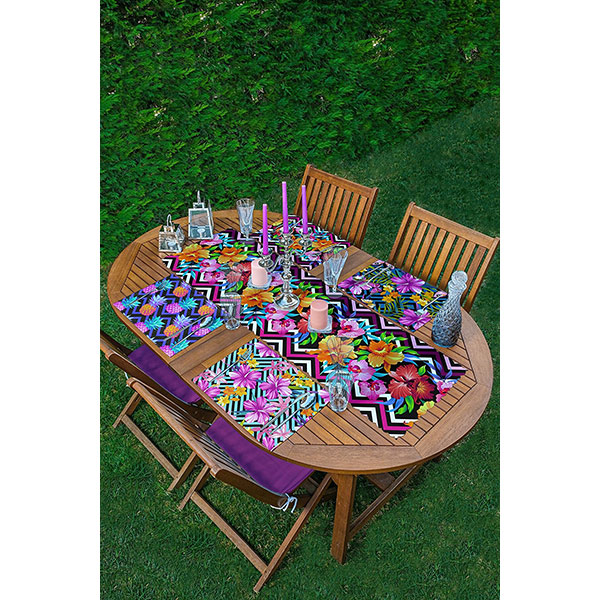 Suport farfurii si napron Flower zig zag, 35 x 45 cm, 35 x 140 cm, 4 + 1 bucati, multicolor