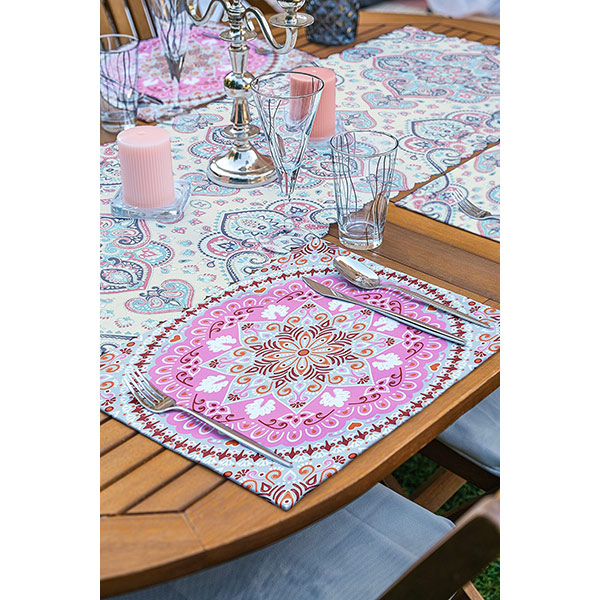 Suport farfurii si napron Ethnic Pink, 35 x 45 cm, 35 x 140 cm, 4 + 1 bucati, multicolor
