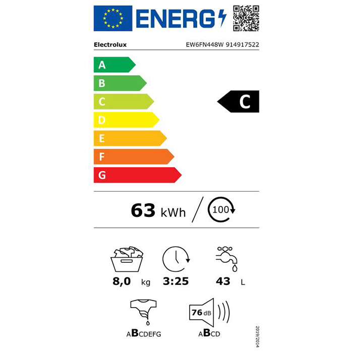 Masina de spalat rufe frontala ELECTROLUX PerfectCare600 EW6FN448W, 8 kg, 1400rpm, Clasa C, alb