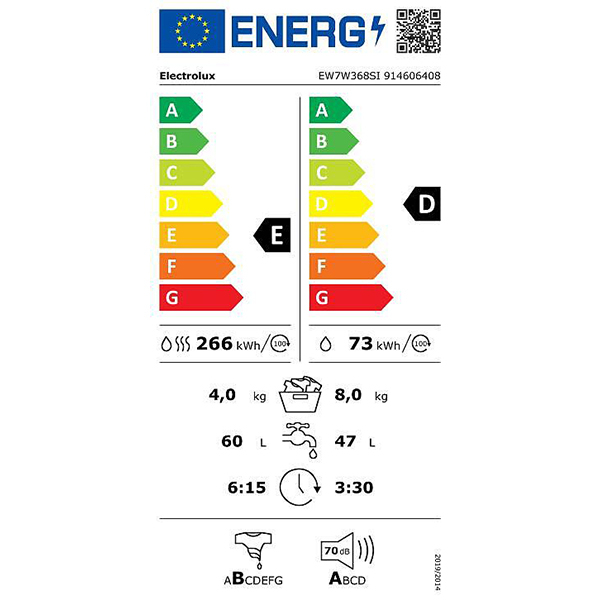 Masina de spalat rufe incorporabila cu uscator ELECTROLUX EW7W368SI, 8/4 kg, 1600rpm, Clasa D/E, alb