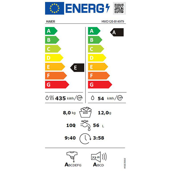 Masina de spalat rufe frontala cu uscator HAIER HWD120-B14979-S, 12/8 kg, 1400rpm, Clasa A/E, alb
