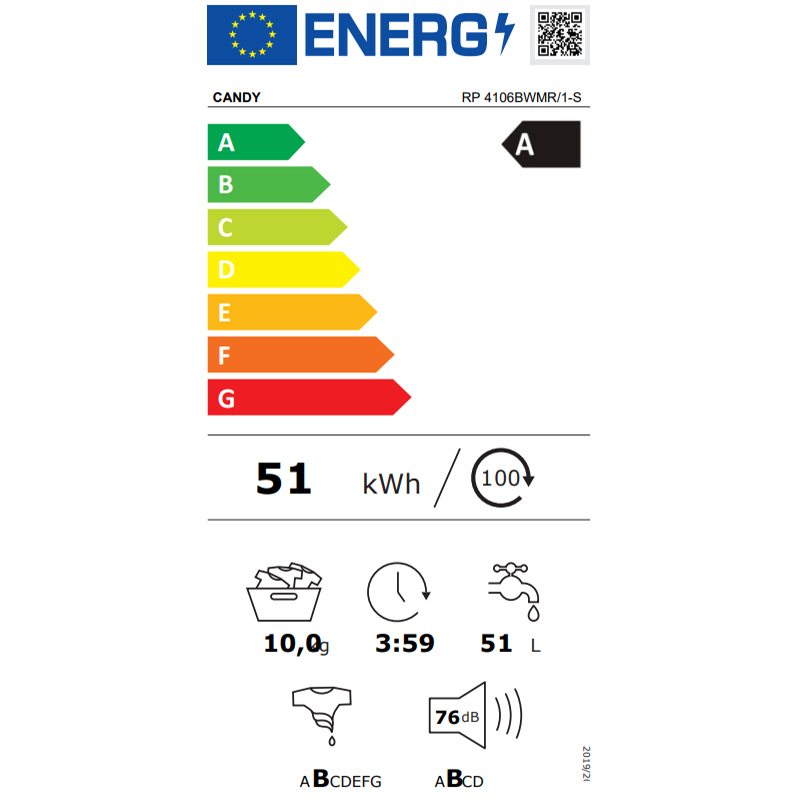 Masina de spalat rufe frontala CANDY RP 4106BWMR/1-S, Wi-Fi, 10 kg, 1400rpm, Clasa A, alb