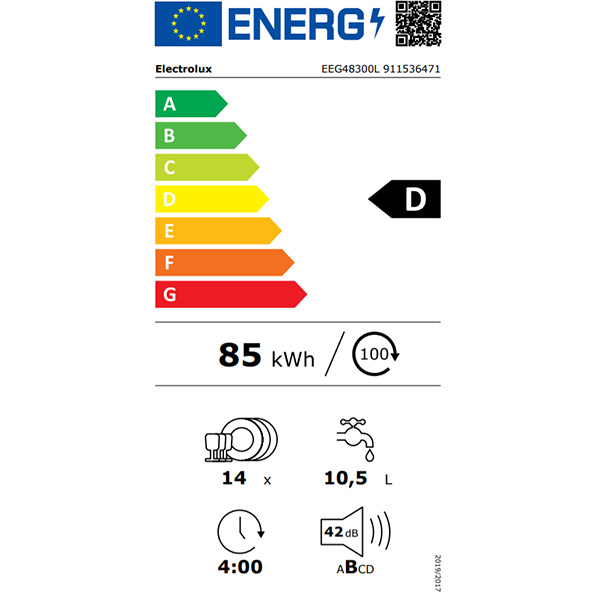 Masina de spalat vase incorporabila ELECTROLUX EEG48300L, 14 seturi, 8 programe, 60 cm, Clasa D, panou comanda negru