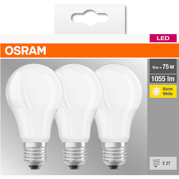 Set 3 becuri LED OSRAM A75, E27, 10W, lumina calda
