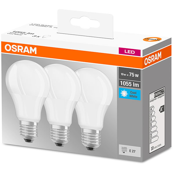 Set 3 becuri LED OSRAM A75, E27, 10W, lumina neutra