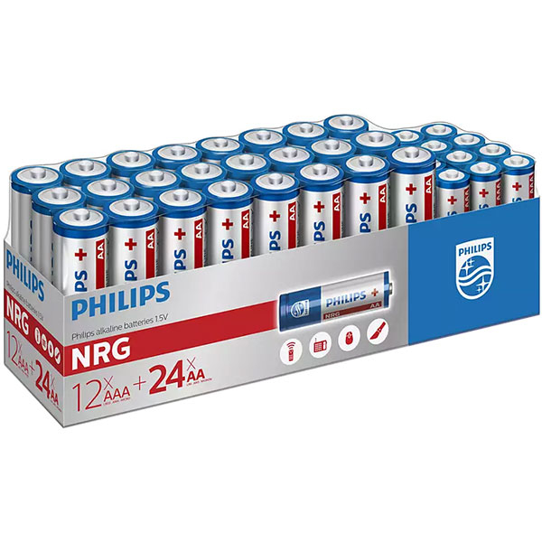 Pachet baterii alcaline PHILIPS LR03 (AAA) 12 bucati, LR6 (AA) 24 bucati