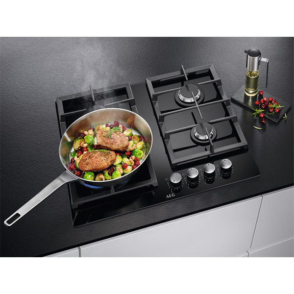 Plita incorporabila AEG HKB64420NB, Gaz, 4 arzatoare, Wok, negru