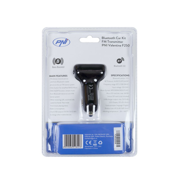 Modulator FM PNI Valentine F250 Bluetooth 5.0, MP3 player, negru