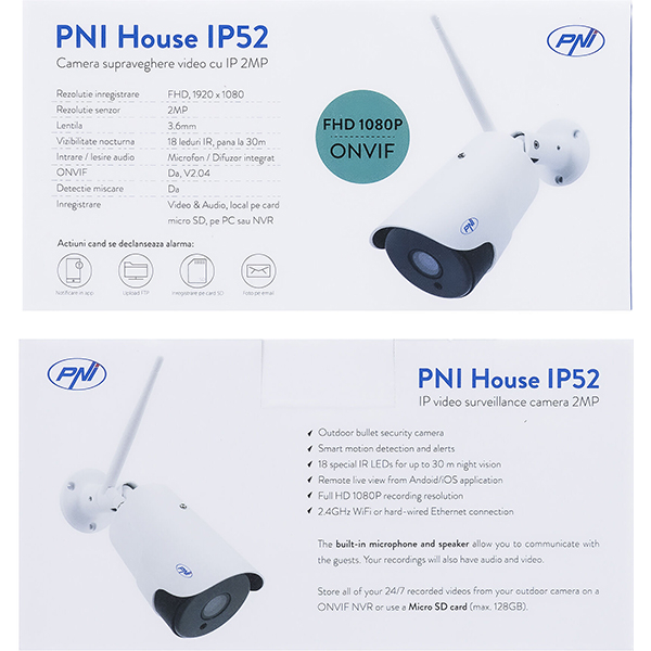 Camera IP Wireless PNI IP52, Full HD 1080p, IR, Night Vision, alb