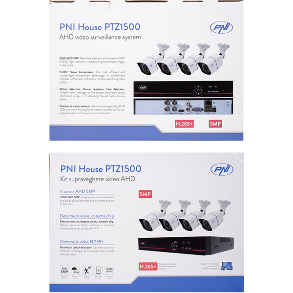 Kit supraveghere video PNI House PTZ1500, 4 camere UHD 1920p, DVR, 4 canale, alb-negru