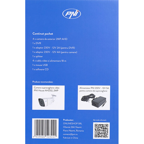 Kit supraveghere PNI House PTZ1300, 4 camere Full HD, NVR, 8 canale, alb-negru