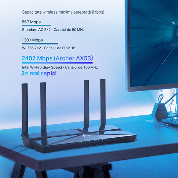 Router Wireless Gigabit TP-LINK Archer AX53 AX3000, Wi-Fi 6, Dual-Band 574 + 2402 Mbps, negru