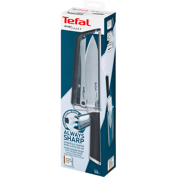 Cutitul bucatarului cu suport autoascutire TEFAL Ever Sharp K2569004, 16.5cm, inox, argintiu