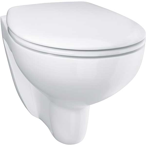 Set vas WC GROHE Bau Ceramic 39351000, montaj suspendat, evacuare orizontala, cu capac, alb