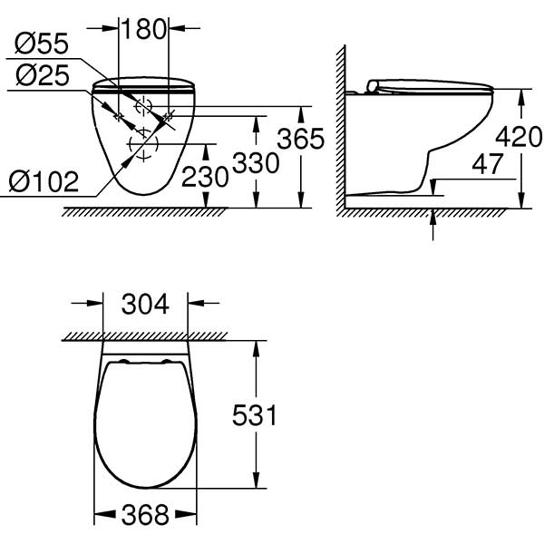 Set vas WC GROHE Bau Ceramic 39351000, montaj suspendat, evacuare orizontala, cu capac, alb