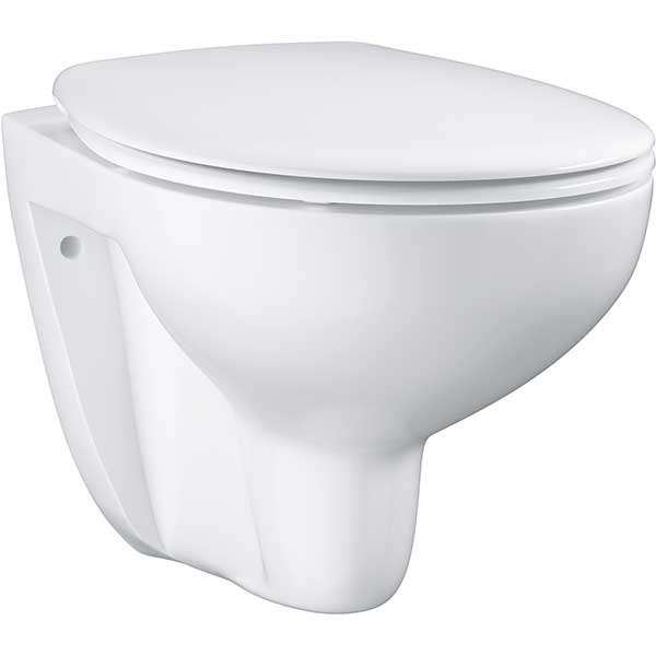 Set vas WC GROHE Bau Ceramic 39351000, montaj suspendat, evacuare orizontala, cu capac, alb