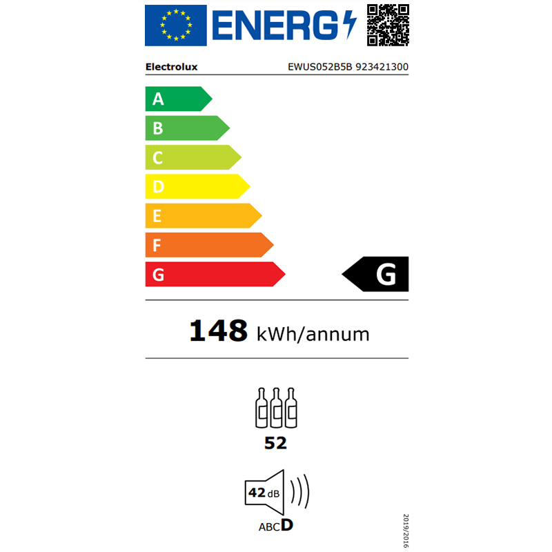 Racitor de vinuri incorporabil ELECTROLUX EWUS052B5B, 52 sticle, H 82 cm, Clasa G
