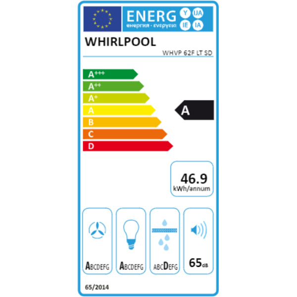 Hota decorativa WHIRLPOOL WHVP 62F LT SD, 1 motor, 650 m3/h, L 60 cm, argintiu