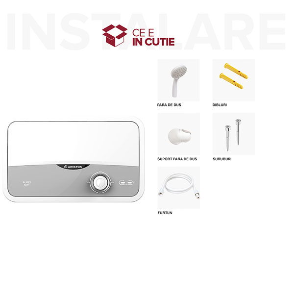 Instant apa calda electric ARISTON Aures Slim, 3.9 l/min, 5500W, IP25, Limitator dublu termic, alb-gri