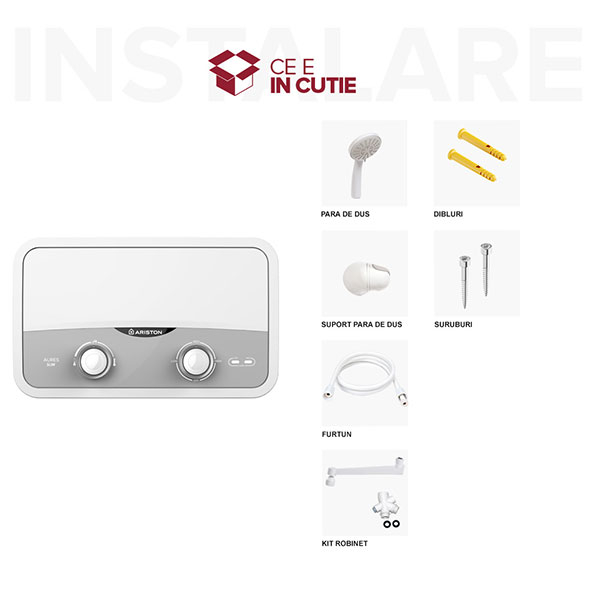Instant apa calda electric ARISTON Aures Slim Flow, 3.9 l/min, 5500W, IP25, Limitator dublu termic, alb-gri