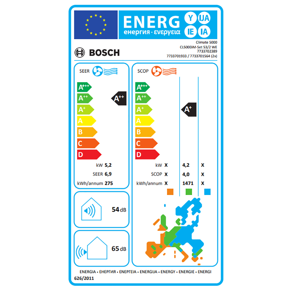 Sistem aer conditionat pentru 2 incaperi BOSCH Climate 3200i, 9000/12000 BTU, A++/A+, Inverter, Unitate externa 18000 BTU, Afisaj, alb
