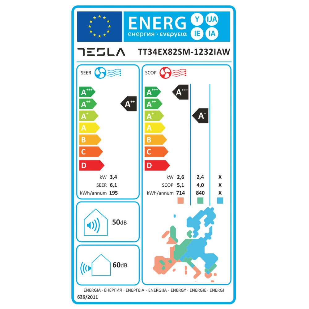 Aer conditionat TESLA TT34EX82SM-1232IAW, 12000 BTU, A++/A+, Functie Incalzire, Inverter, Wi-Fi, argintiu-alb