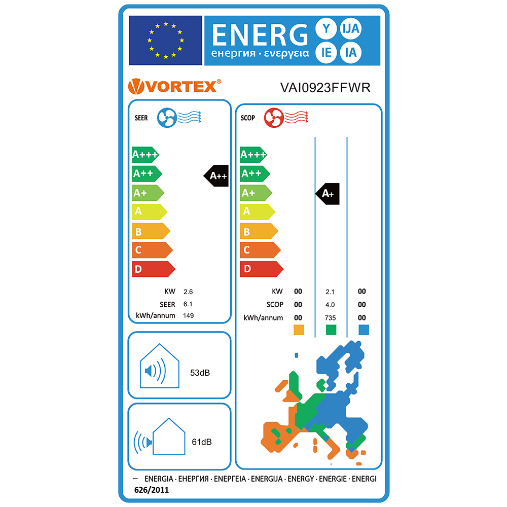 Aer conditionat VORTEX VAI0923FFWR, 9000 BTU, A++/A+, Inverter, Functie incalzire, Dezumidificare, iFeel, kit instalare inclus, alb
