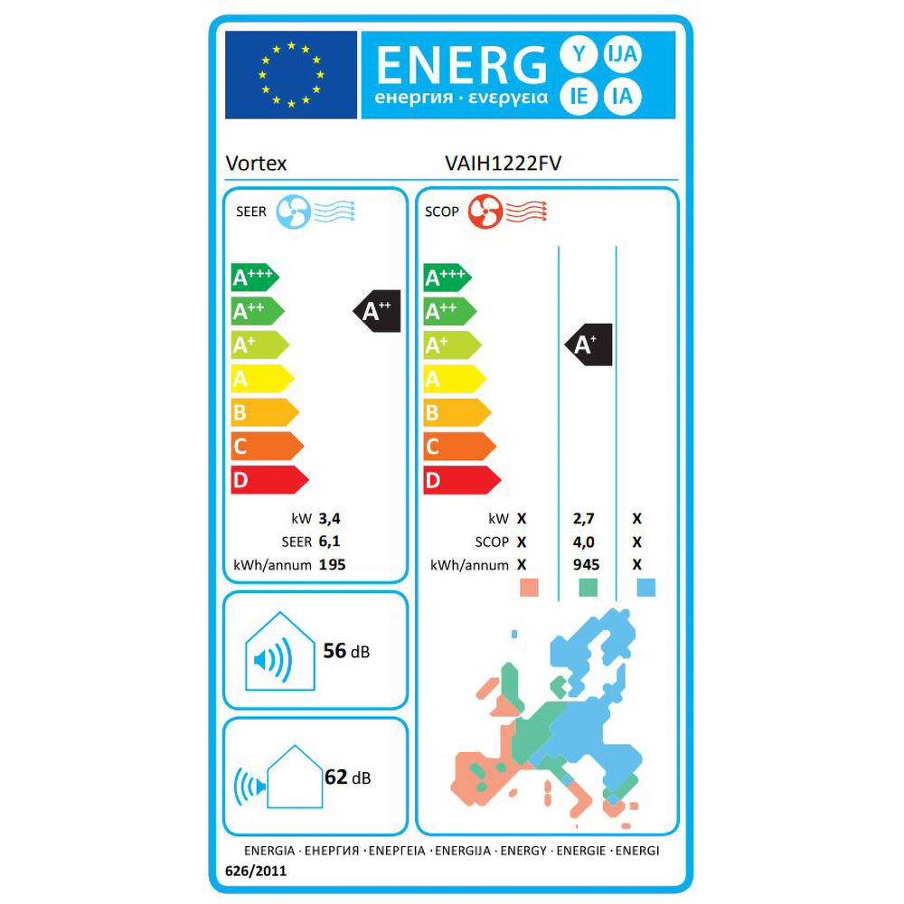 Aer conditionat VORTEX VAIH1222FV, 12000 BTU, A++/A+, Functie Incalzire, Inverter, Wi-Fi , kit instalare inclus, alb
