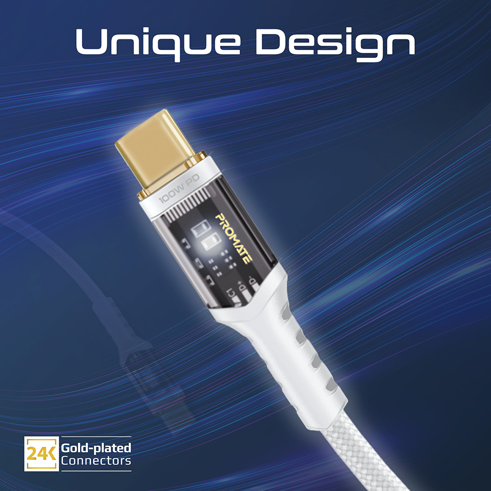 Cablu date PROMATE LucidLine-CC120, USB-C - USB-C, 100W Power Delivery, 1.2m, alb
