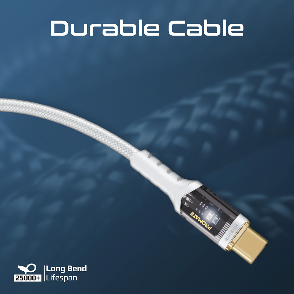 Cablu date PROMATE LucidLine-CC120, USB-C - USB-C, 100W Power Delivery, 1.2m, alb