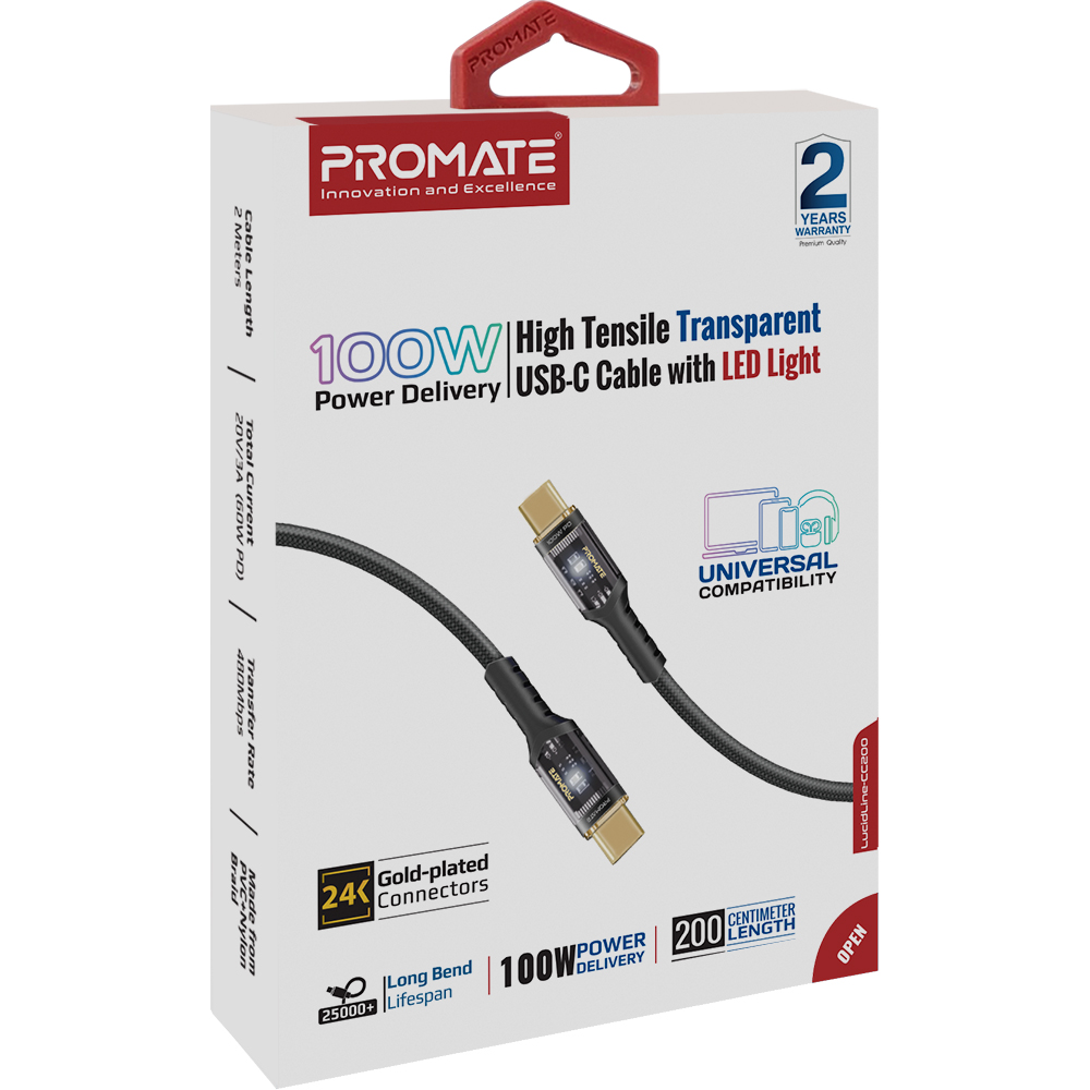 Cablu date PROMATE LucidLine-CC200, USB-C - USB-C, 100W Power Delivery, 2m, negru