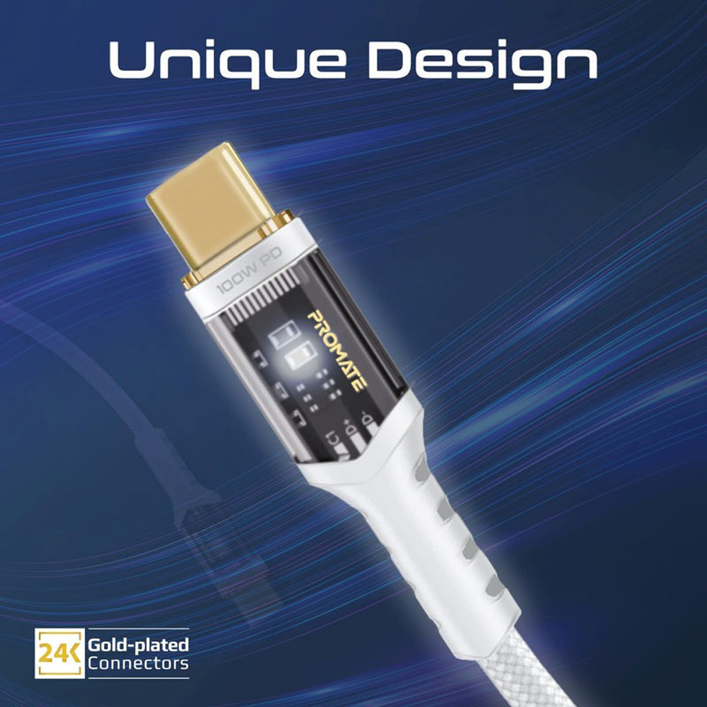 Cablu date PROMATE LucidLine-CC200, USB-C - USB-C, 100W Power Delivery, 2m, alb