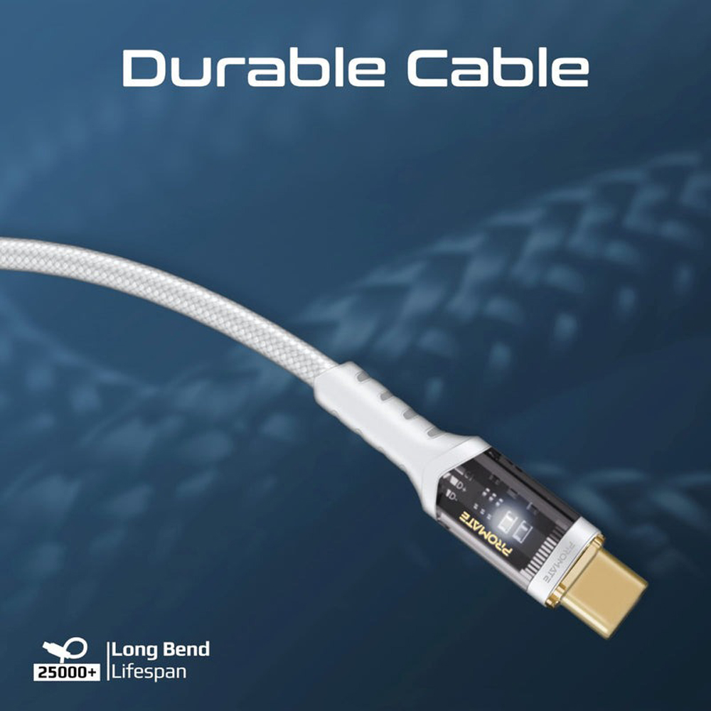 Cablu date PROMATE LucidLine-CC200, USB-C - USB-C, 100W Power Delivery, 2m, alb