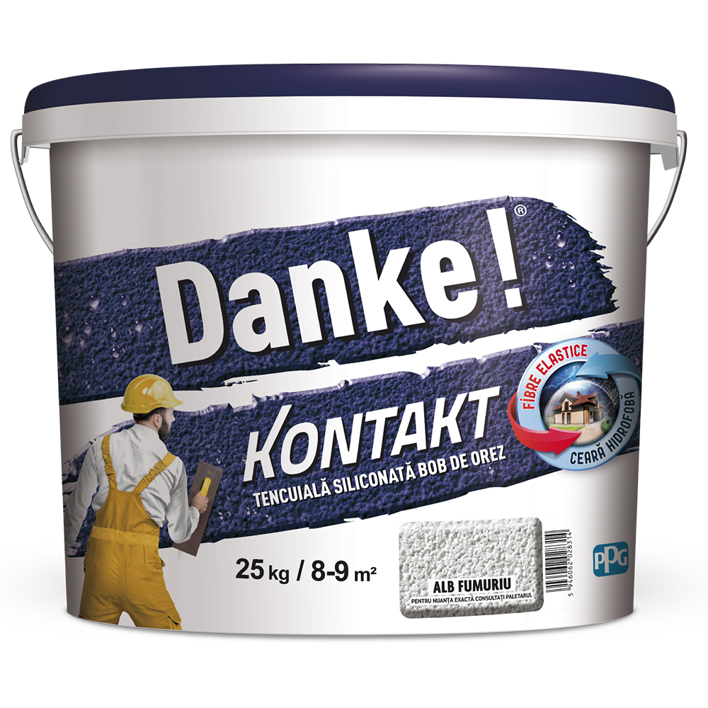 Tencuiala decorativa DANKE Kontakt Bob de orez, alb fumuriu, 25 kg