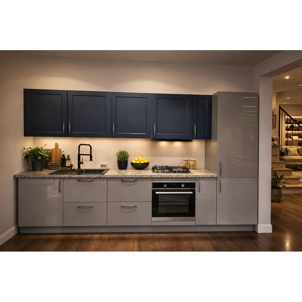 Mobila bucatarie Alisma, MDF, 330 x 60 x 216 cm, gri-albastru