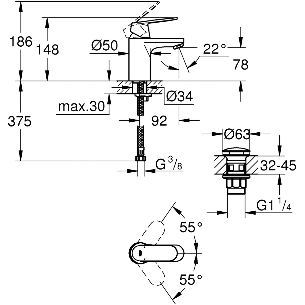 Baterie lavoar GROHE Eurosmart Cosmopolitan 23925000, marimea S, alama, argintiu